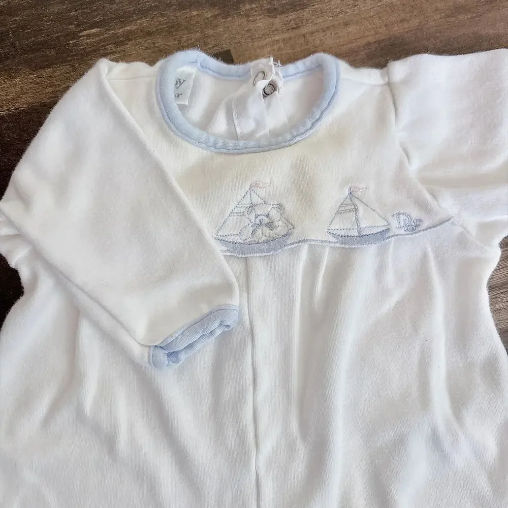 VINTAGE BABY DIOR EMBROIDERED SAILBOAT WHITE VELOUR ROMPER - 3 TO 6 M